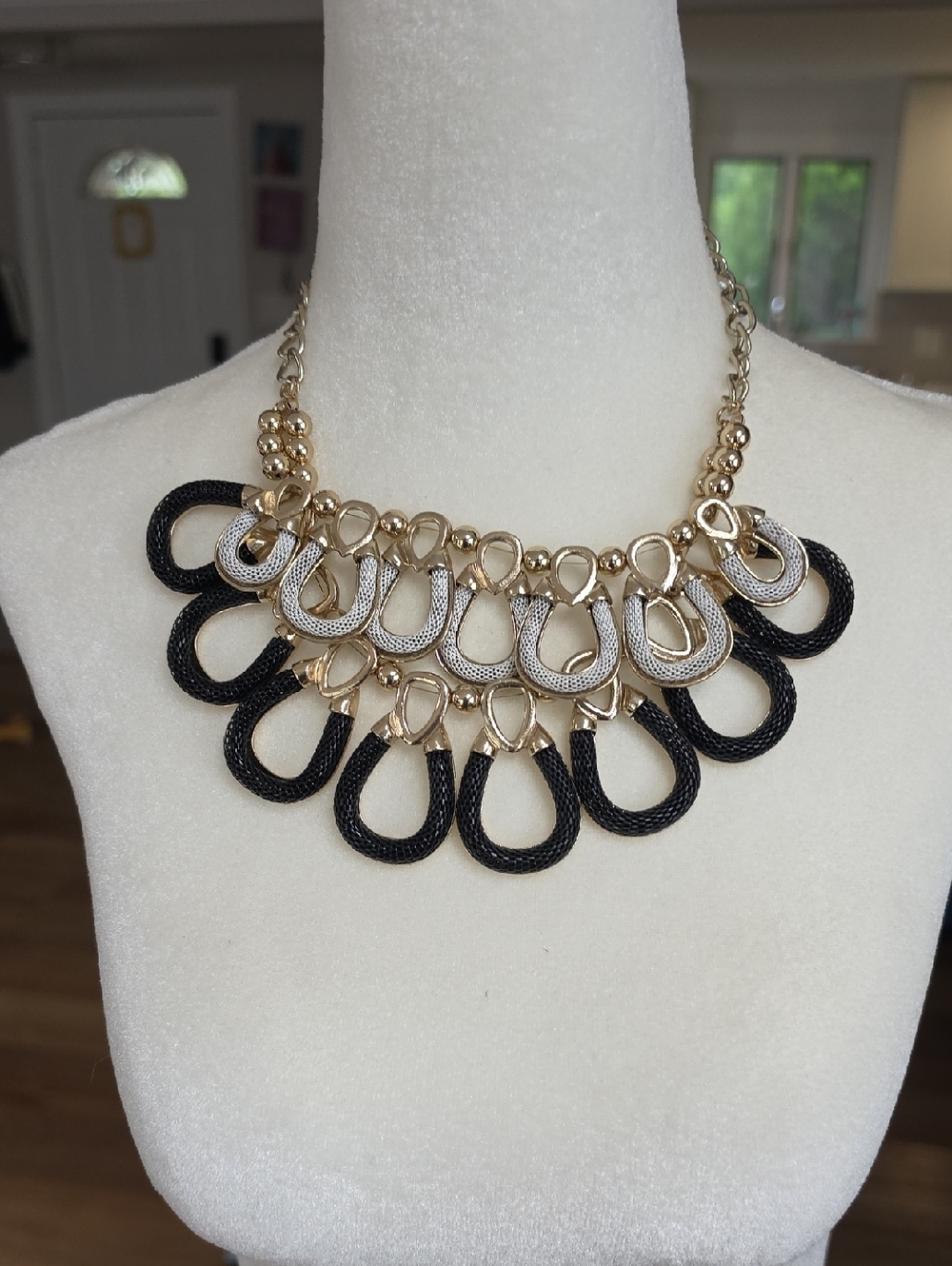 Gold and Black Statement Necklace - Bold Loop Bib Necklace